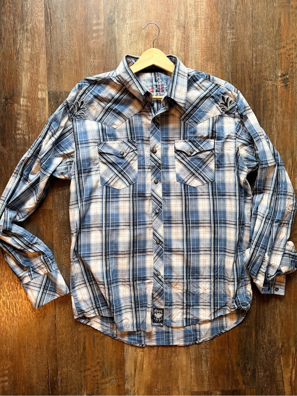 Rock 47 Men's Blue Plaid Western Button-Down Shirt Embroidered yoke Cowboy Sz L